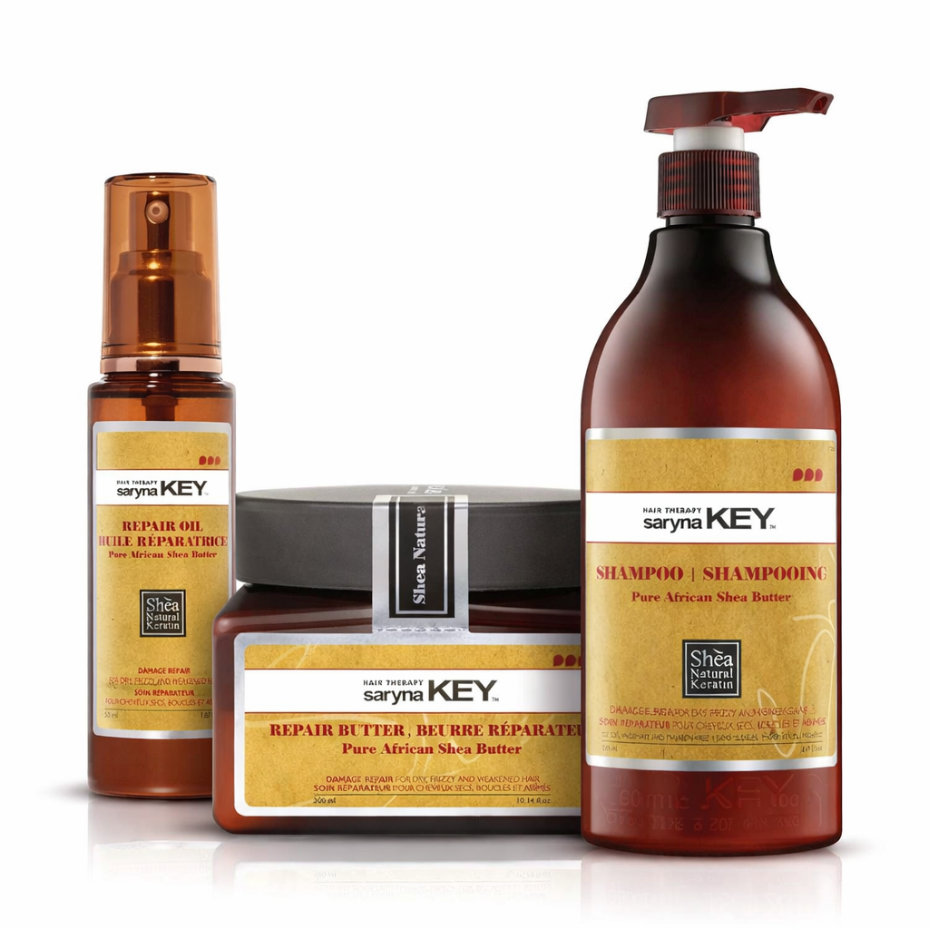Pažeistų plaukų priežiūros rinkinys Saryna KEY Damage Repair Pure African Shea, su taukmedžio sviestu