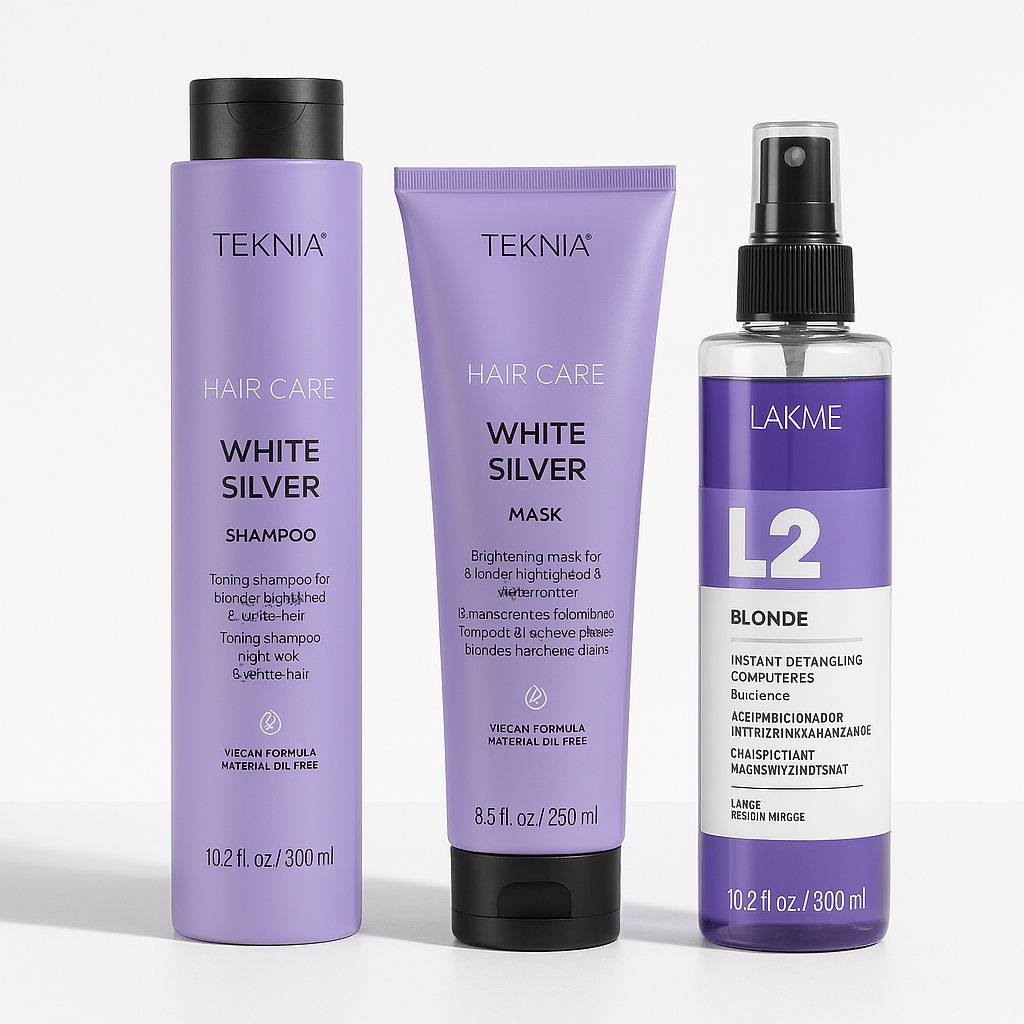 Geltoną plaukų atspalvį neutralizuojantis rinkinys Lakme Teknia White Silver